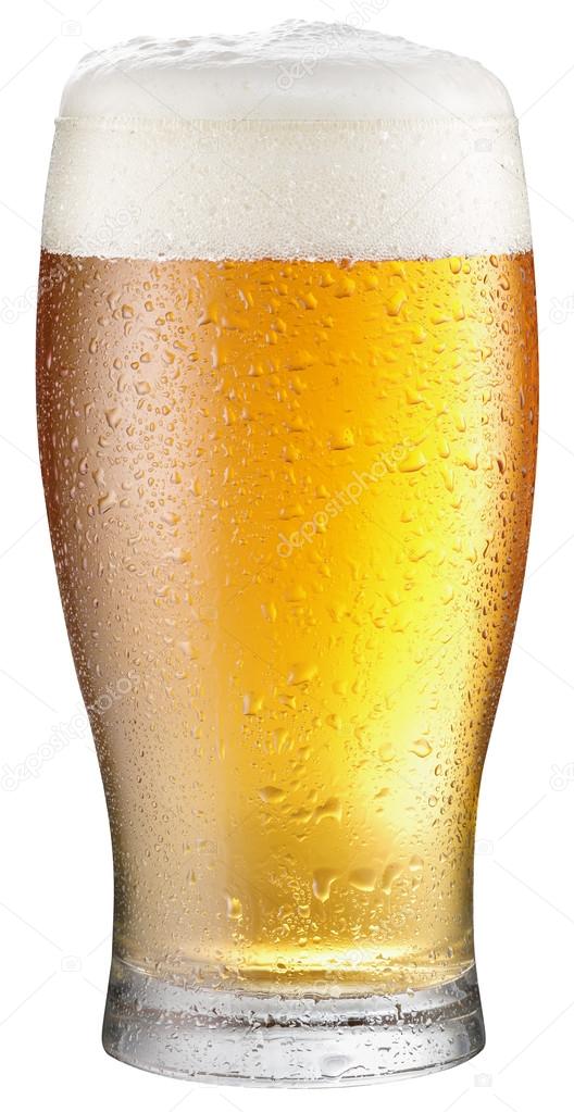 Glass of cold beer on a white background.