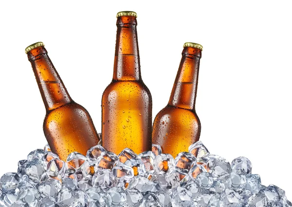 Bottiglie fredde di birra nei cubetti di ghiaccio . — Foto Stock