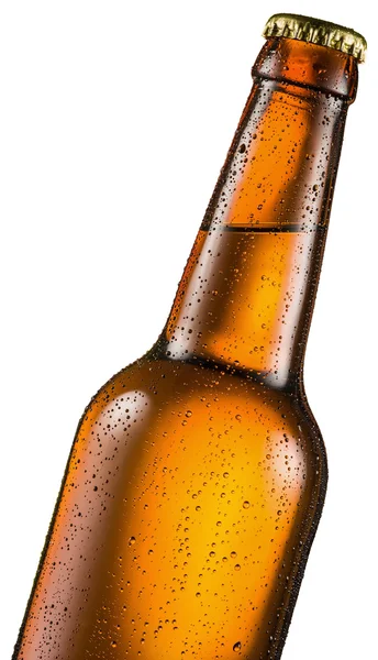 Fría botella de cerveza con gotas de agua condensada . — Foto de Stock