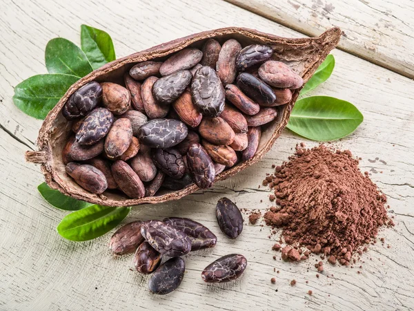 Cocao powder and cocao beans on the wooden table. — Stock Photo, Image