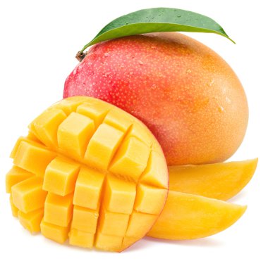 Mango meyve ve mango küpleri. Beyaz bir arka plan üzerinde izole.