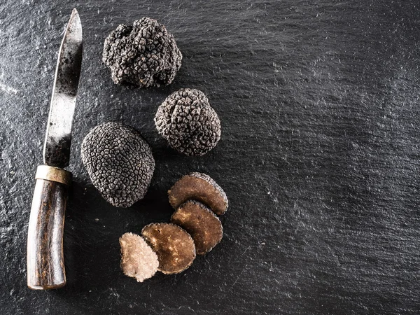 Black truffles on the graphite board. — Stock Photo, Image