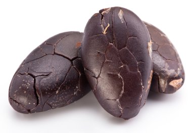 beyaz zemin üzerine kakao çekirdekleri.