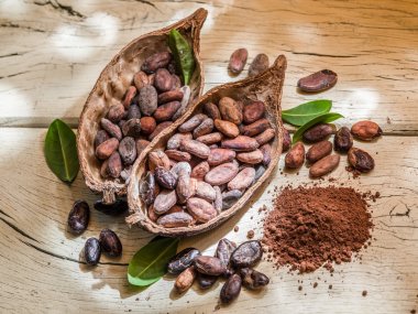 Cocao powder and cocao beans on the wooden table. clipart