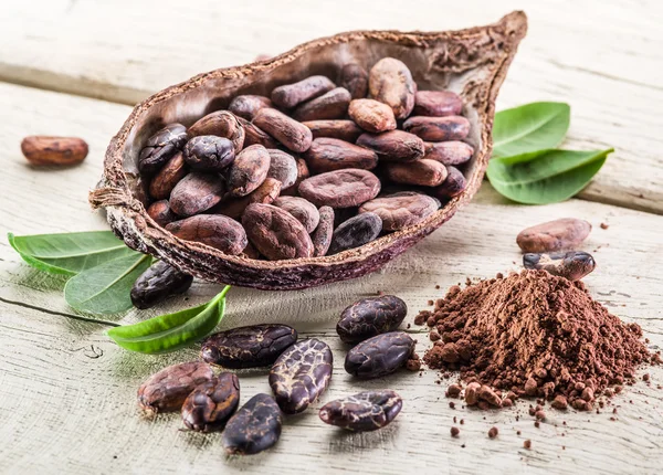 Cocao em pó e feijão cocao na mesa de madeira . — Fotografia de Stock