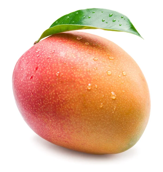Mango gyümölcs vízcseppek. Elszigetelt fehér background. — Stock Fotó