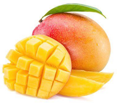 Mango küpleri ve mango meyve. Beyaz bir arka plan üzerinde izole.