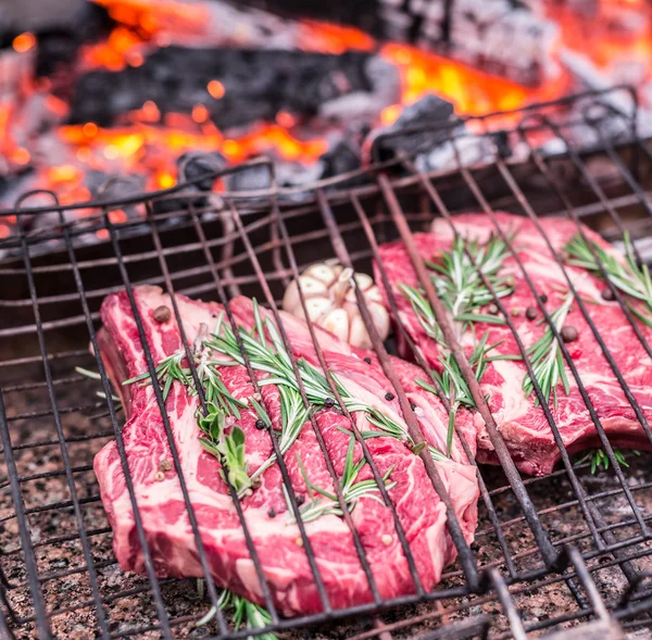 Rib eye steaks and grill with burning fire behind them. — Stock Photo, Image