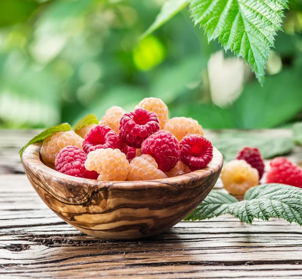 Raspberries in the wooden bowl. — Stock Photo, Image