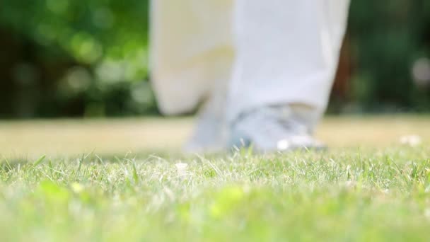 Golfer setzt einen Golfball und schlägt zu. Nahaufnahme Golfball. — Stockvideo