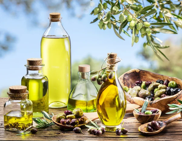 Butelki z oliwy z oliwek na starym drewnianym stole pod drzewo oliwne. — Zdjęcie stockowe