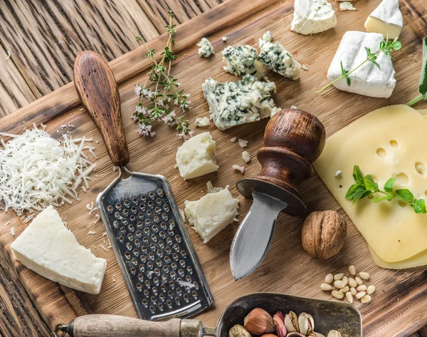 Verschillende soorten kaas met noten en kruiden. — Stockfoto