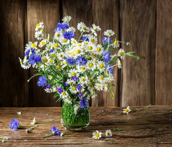 Buquê de camomilas e flores de milho no vaso na madeira — Fotografia de Stock