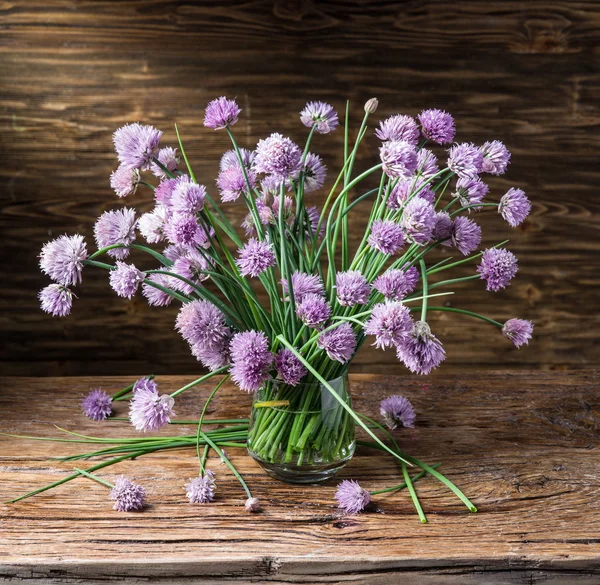 Bouquet of onion (chives) flowers in the vase on the wooden tabl — Stock Photo, Image