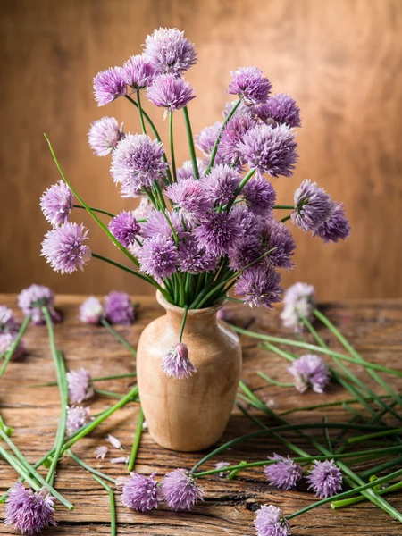 Bouquet of onion (chives) flowers in the vase on the wooden tabl Royalty Free Stock Images