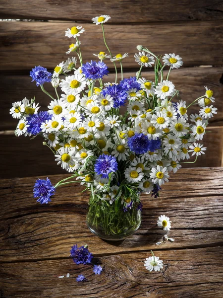 Buquê de camomilas e flores de milho no vaso na madeira — Fotografia de Stock