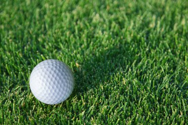Golf topu yeşil çimenlerin üzerinde vurmak için hazır.