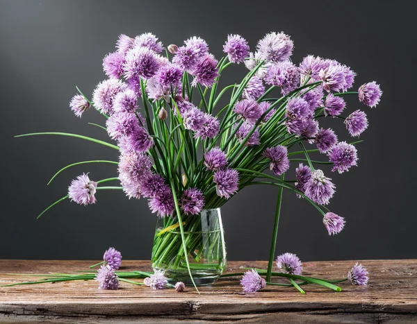 Bouquet of onion (chives) flowers in the vase on the wooden tabl — Stock Photo, Image