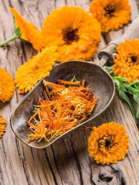 Calendula çiçekleri eski ahşap masada.