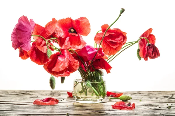 Bukett av vallmo blommor i vas på tabellen trä. — Stockfoto