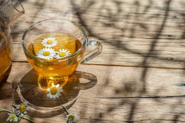 Eski ahşap masada bir bardak papatya çayı ve papatya çiçeği. Üst görünüm.