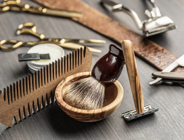 Outils Classiques Toilettage Coiffure Sur Fond Bois Vue Dessus Sur — Photo