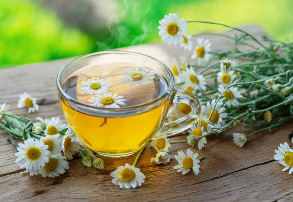 Herbata Ziołowa Rumianek Kwiaty Rumianku Drewnianym Stole Tło Wiejskie Tło — Zdjęcie stockowe