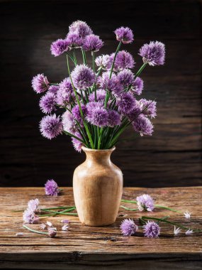 Tahta masadaki vazoda bir buket soğan (soğan soğanı) çiçeği.
