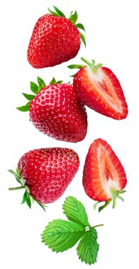 Strawberry with strawberries leaves and slices isolated on a white background. Berries are flying in the air. Clipping path. clipart