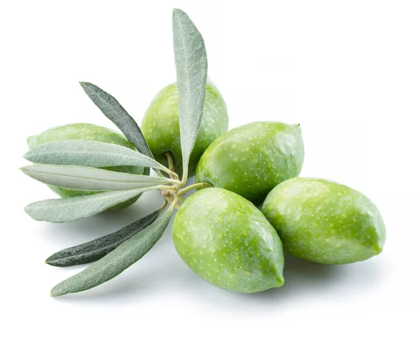 Olive Naturali Verdi Con Foglie Isolate Fondo Bianco — Foto Stock