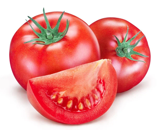 Pomodori Con Fetta Pomodoro Isolata Fondo Bianco Percorso Ritaglio — Foto Stock