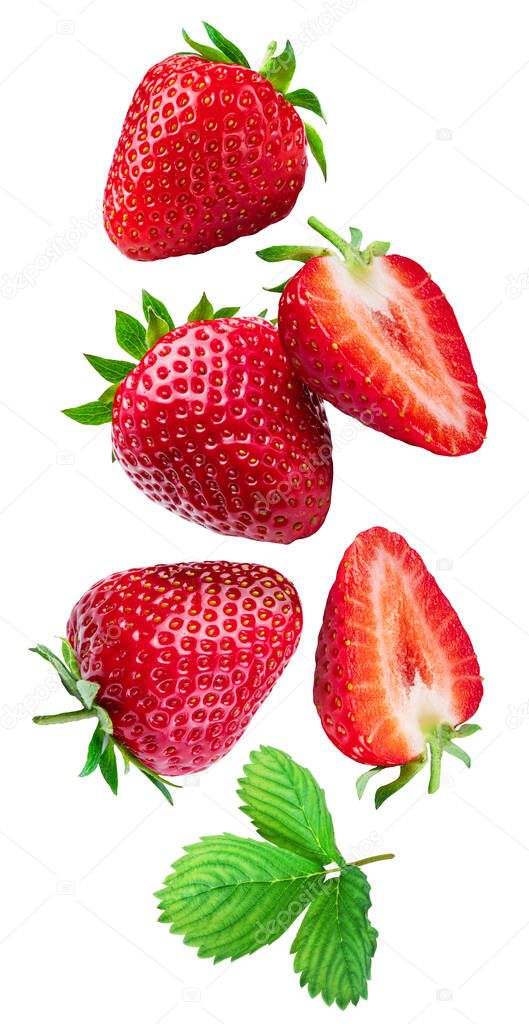Strawberry with strawberries leaves and slices isolated on a white background. Berries are flying in the air. Clipping path.