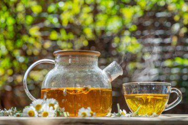 Çaydanlık ve çay bardağının yanında papatya çayı ve papatya çiçeği. Kırsal ya da kırsal arkaplan.