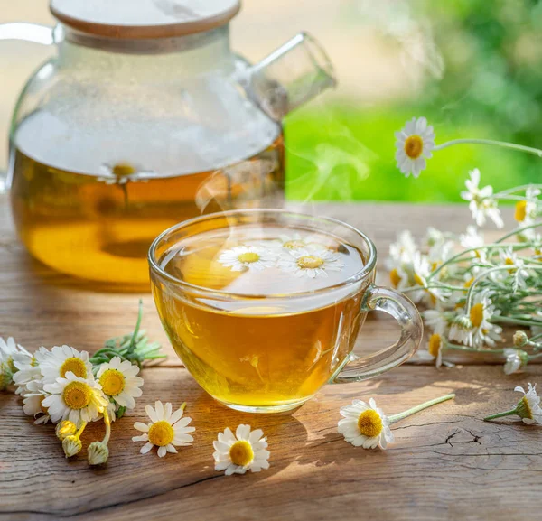 Herbata Ziołowa Rumianek Kwiaty Rumianku Pobliżu Czajniczek Szklanki Herbaty Tło — Zdjęcie stockowe