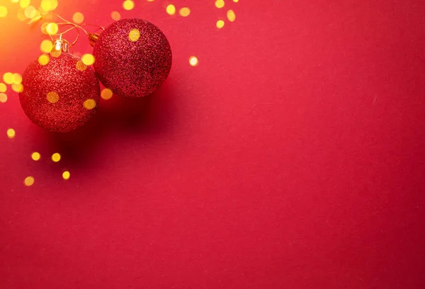 Nouvel Rouge Fond Noël Boules Noël Rouges Scintillantes Dessus Vue — Photo