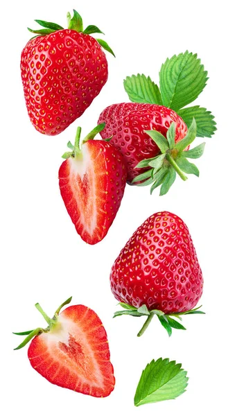 Strawberry Strawberries Leaves Slices Isolated White Background Berries Flying Air — Stock Photo, Image