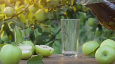 Elma suyu, yaz akşamı meyve bahçesinde bir sürahide bir bardağa dökülüyor. Olgun elmalar etrafa saçılmış. Kamera yavaşça yana kayıyor..
