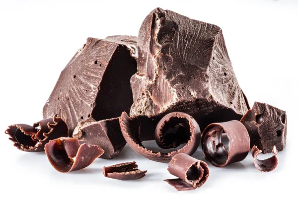 Κομμάτια Μαύρης Σοκολάτας Κομματάκια Σοκολάτας Που Απομονώνονται Λευκό Φόντο — Φωτογραφία Αρχείου