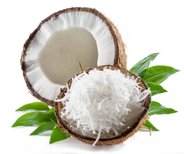 Frutos Coco Agrietados Con Pulpa Blanca Copos Coco Rallados Aislados — Foto de Stock