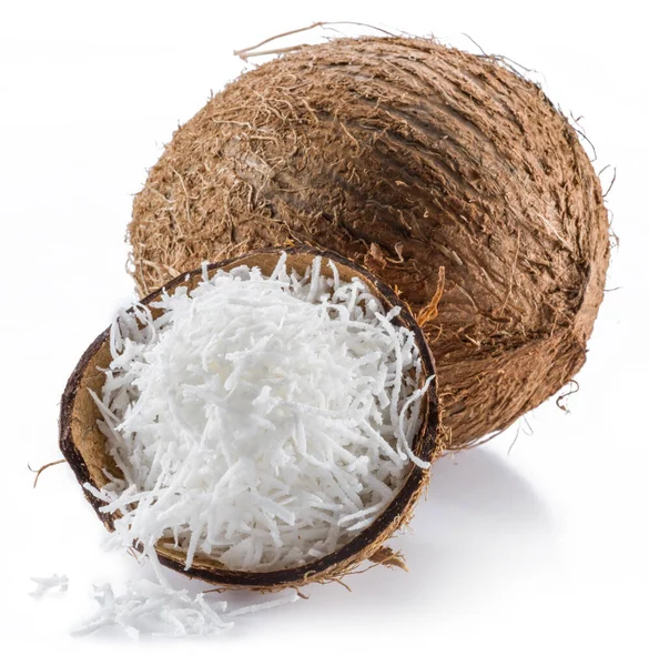 Kokosnoot Fruit Versnipperde Kokosnoot Vlokken Geïsoleerd Witte Achtergrond — Stockfoto