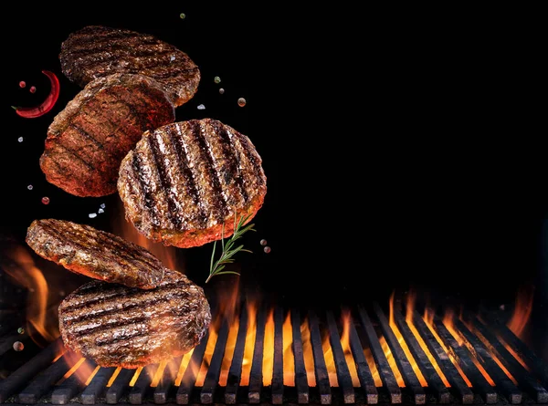 Grilled Beef Steaks Motion Falling Open Grill Conceptual Photo Meat — Stock Photo, Image