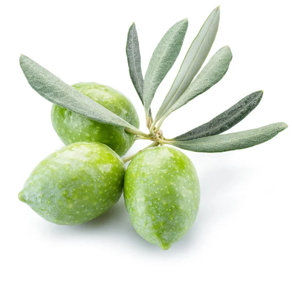 Olive Naturali Verdi Con Foglie Isolate Fondo Bianco — Foto Stock