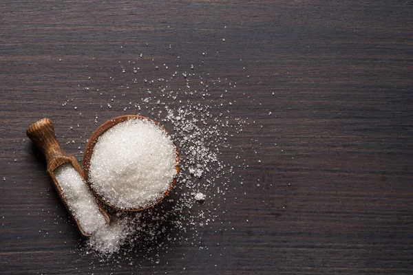 White Refined Sugar Wooden Bowl Spoon Dark Wooden Table — Stock Photo, Image