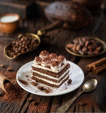 Bir dilim çikolatalı pasta, tiramisu kreması ve tahta masanın üzerinde kakao tozu..