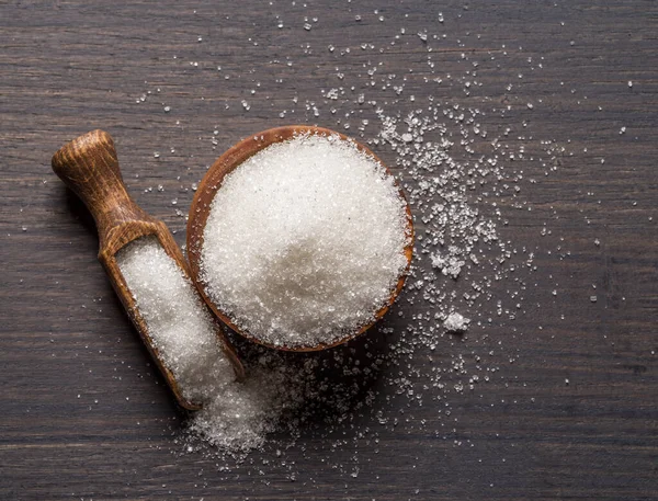 White Refined Sugar Wooden Bowl Spoon Dark Wooden Table — Stock Photo, Image