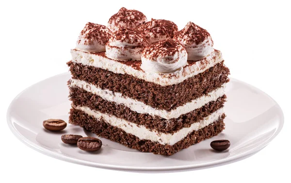배경에 분리되어 코코아 가루가 초콜릿 케이크가 — 스톡 사진
