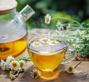 Çaydanlık ve çay bardağının yanında papatya çayı ve papatya çiçeği. Kırsal ya da kırsal arkaplan.