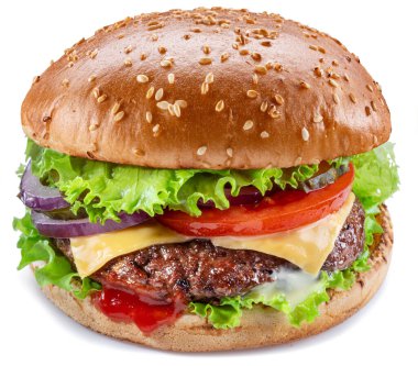 Sığır pirzolası, sebze ve soğanlı leziz bir hamburger, beyaz arka planda izole edilmiş. Fast food konsepti.