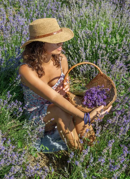 头戴草帽的女人坐在薰衣草灌木和采花之间 — 图库照片