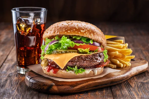 Delicious Hamburger Cola Potato Fries Wooden Table Dark Brown Background — Stock Photo, Image